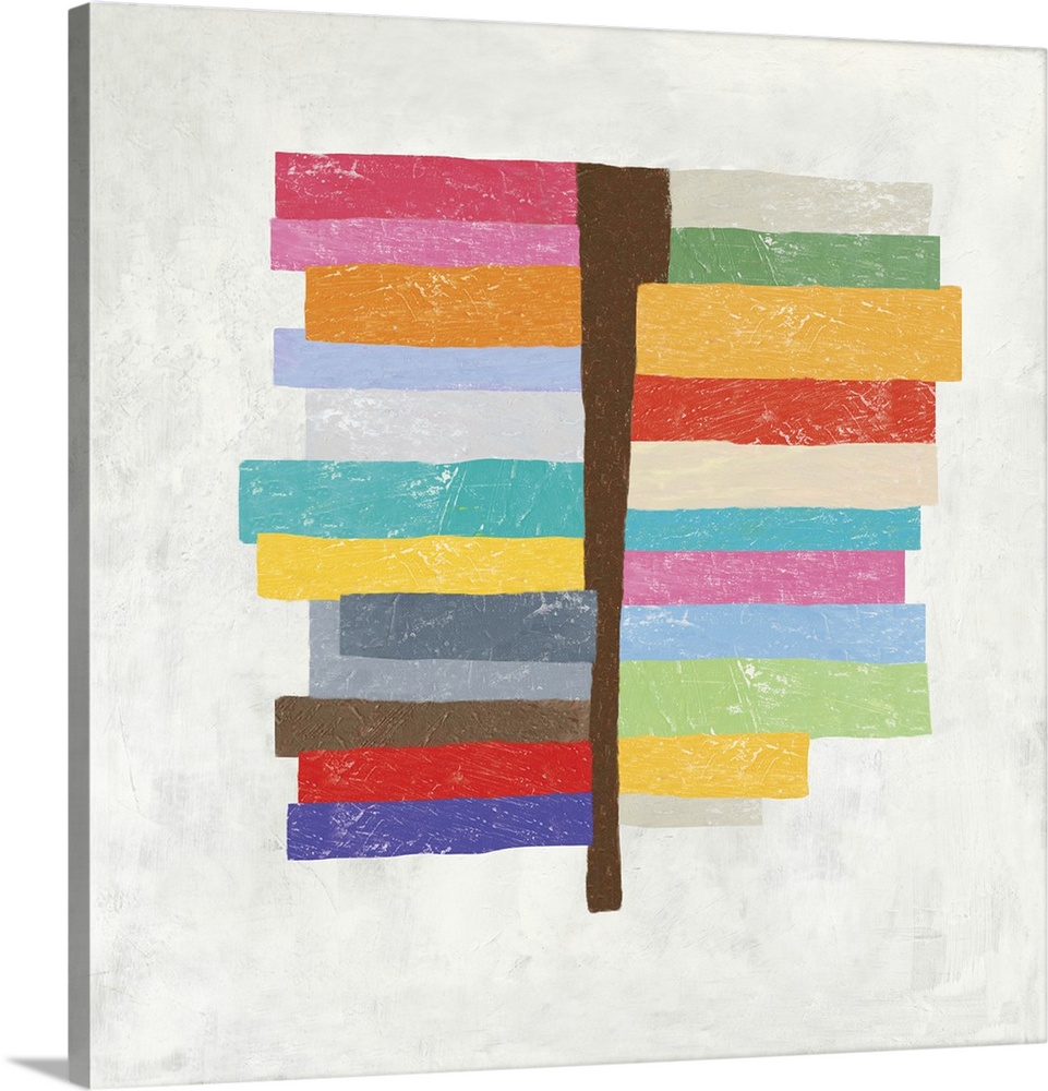 Square contemporary painting of multi color horizontal lines with a brown vertical line in the center.