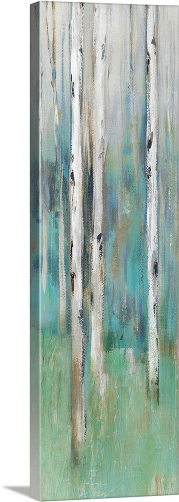 Abstract painting of a forest in muted blues and greens.
