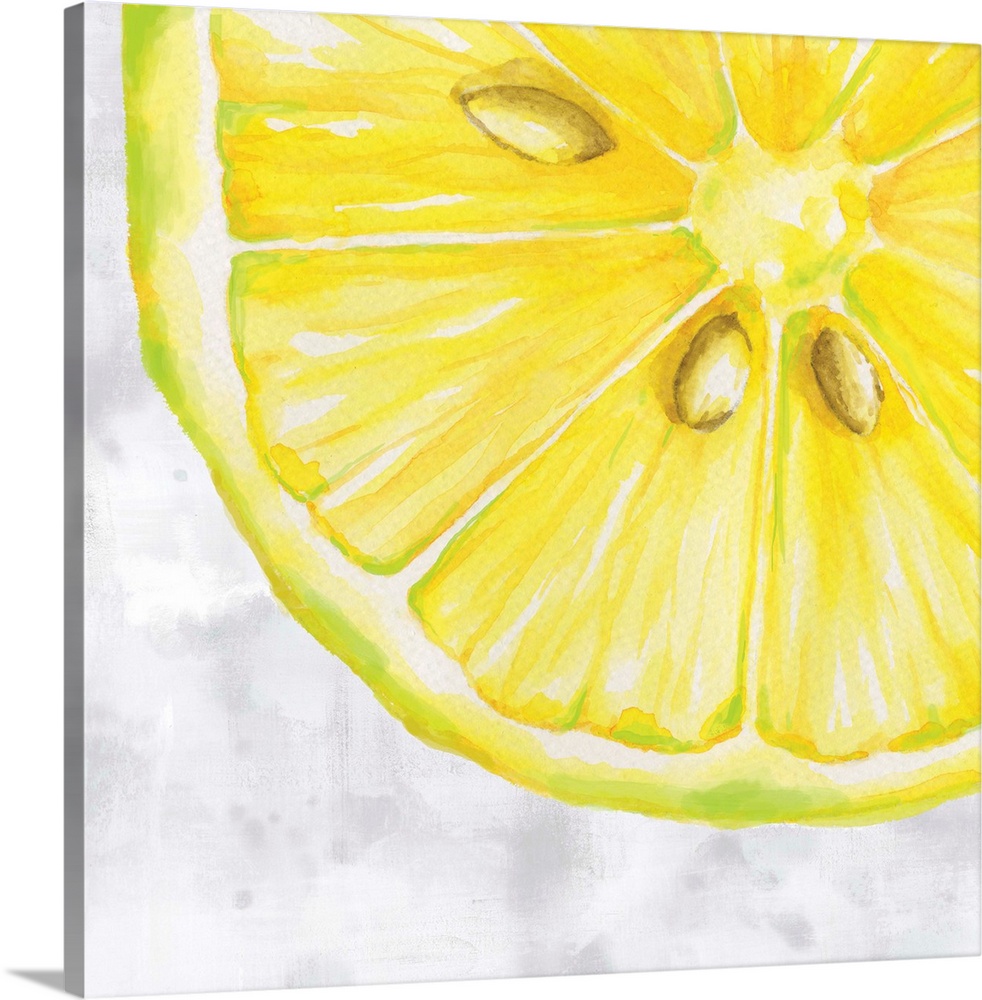 Contemporary painting of a sliced lemon with seeds on a white and gray square background.