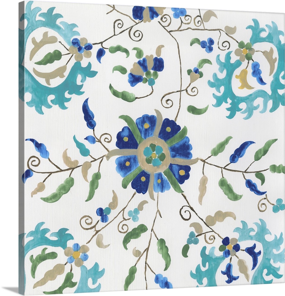 Floral pattern in various blues.