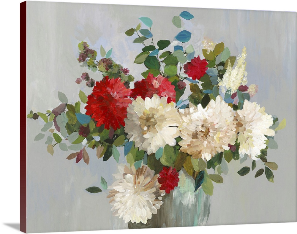 Painting of a floral bouquet on a gray background.