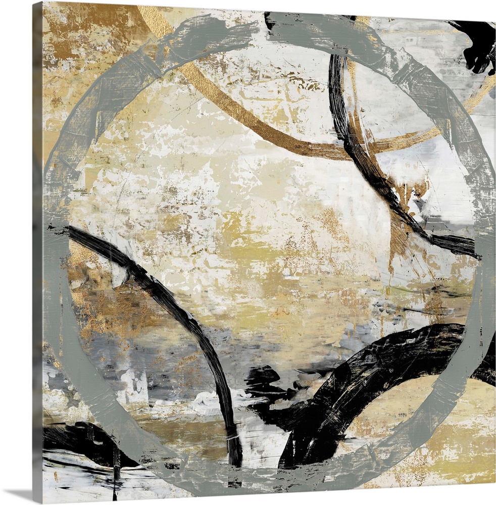 Abstract artwork of overlapping rings in shades of grey, black, and gold.