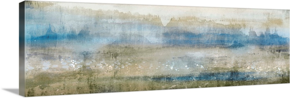 Abstract contemporary painting in muted blue shades and earth tones.