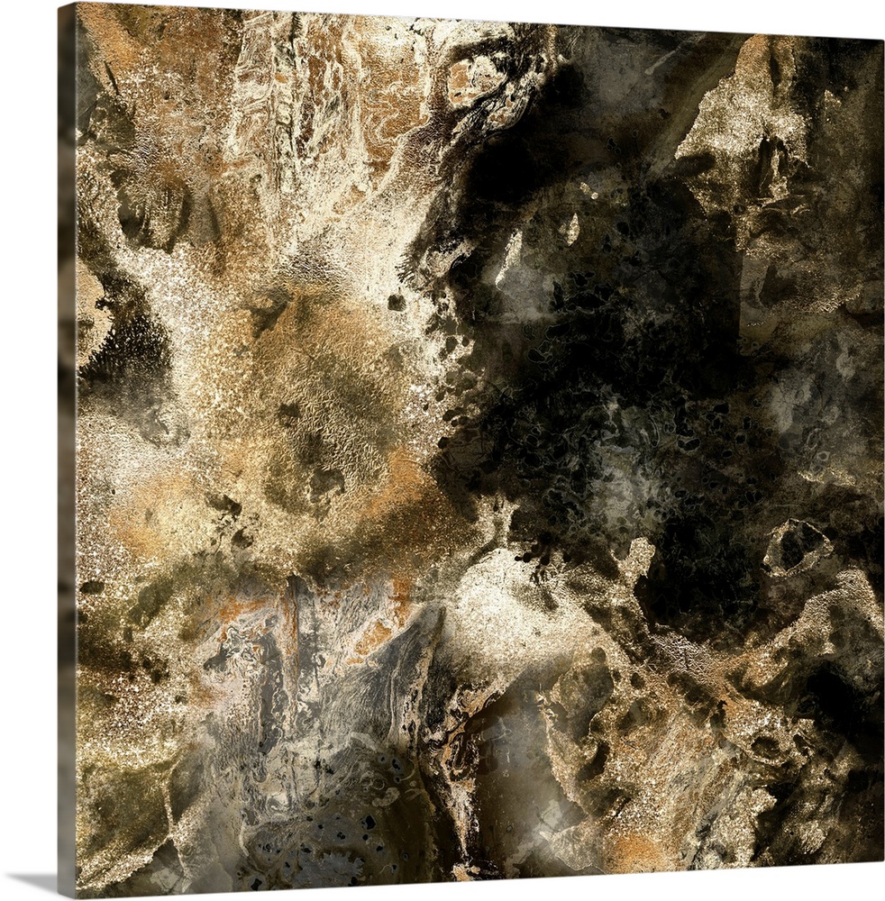 Square abstract painting of textured colors of brown and black.
