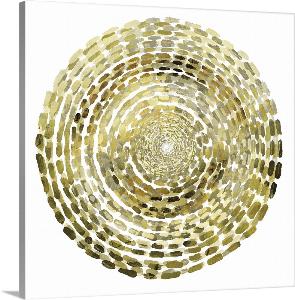 Abstract painting of golden dashes in a circular pattern.