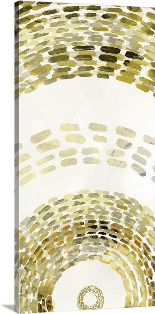 Abstract painting of golden dashes in curved and circular patterns on cream.