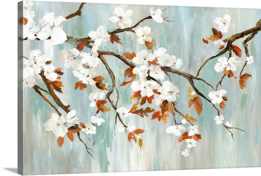 A painting of a branch of white cherry blossoms against a gray and teal backdrop.
