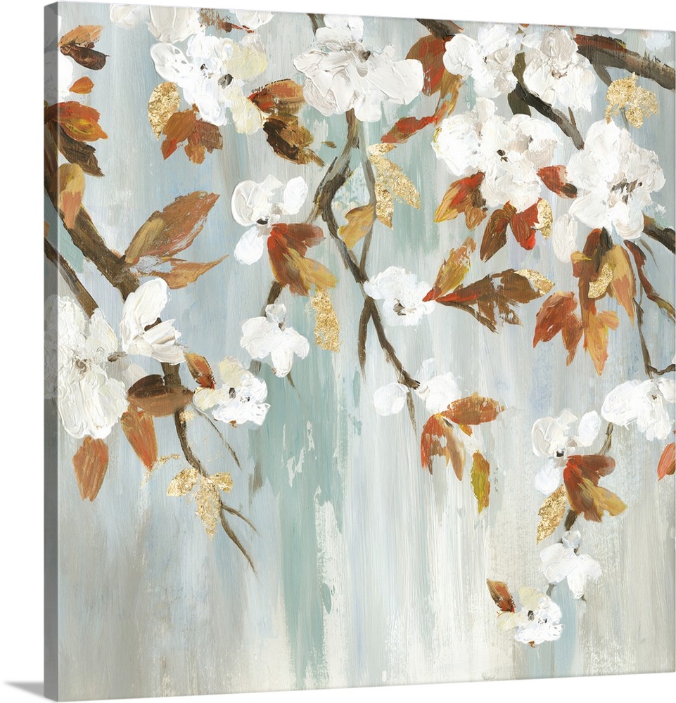 A contemporary painting of white flower blooms on leaf covered branches against a neutral textured backdrop.