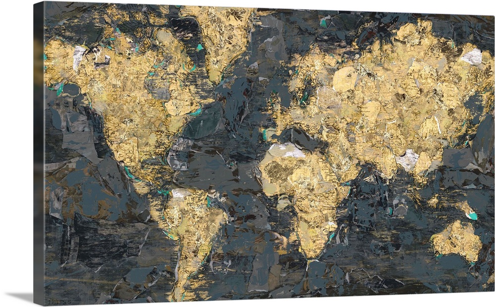 A textured abstract painting of the world map in gray and gold colors.