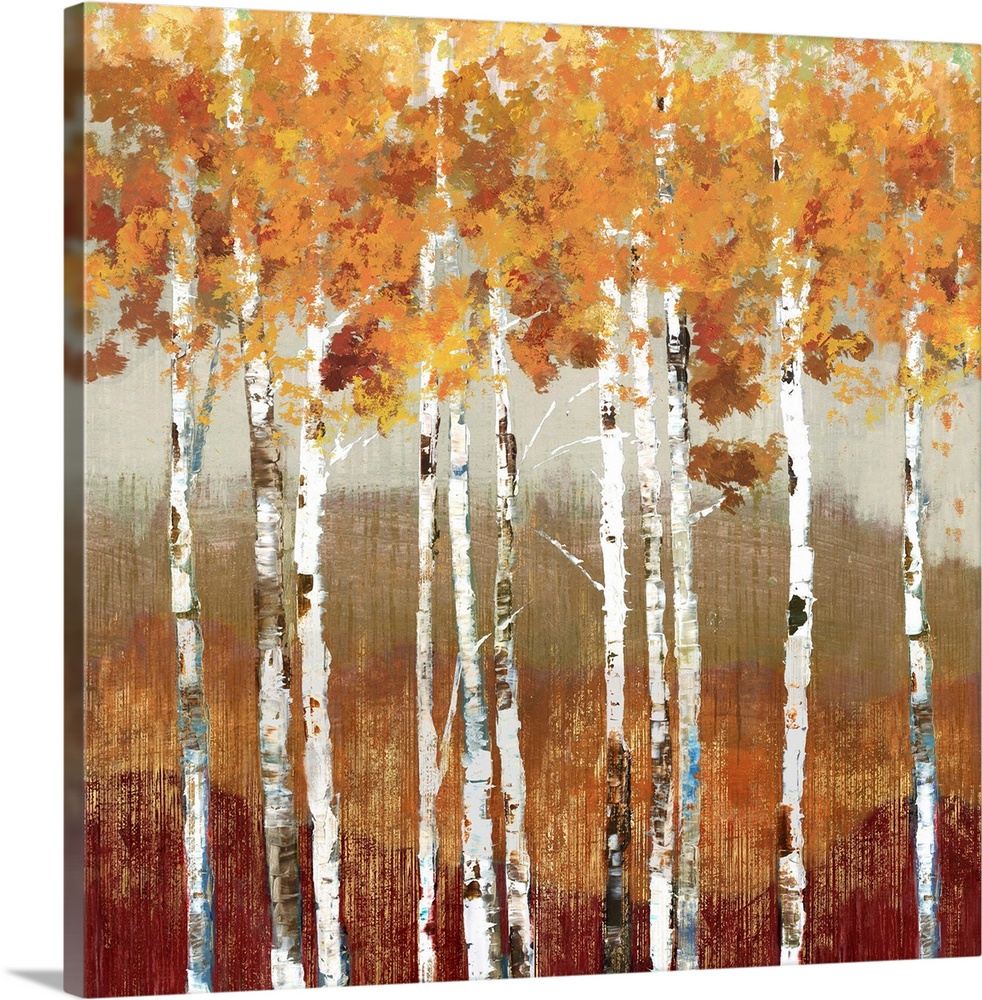 Painting of a group of birch trees with orange leaves in a forest.