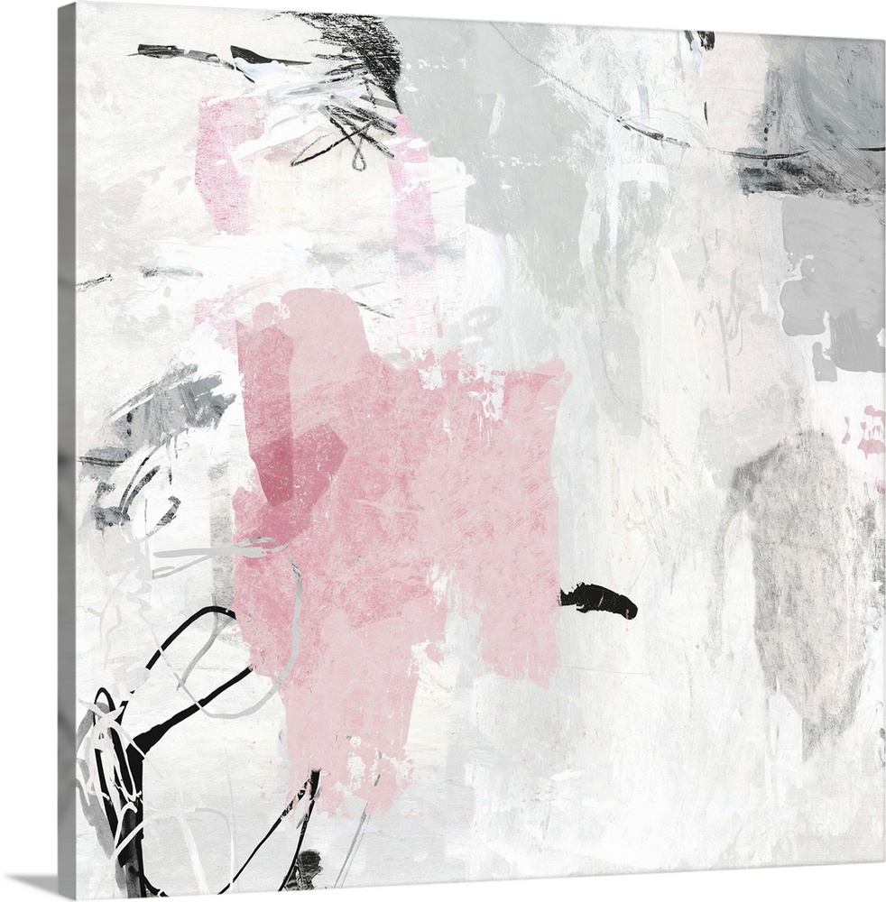 Square abstract painting in shades of gray with a hint of pink accents.