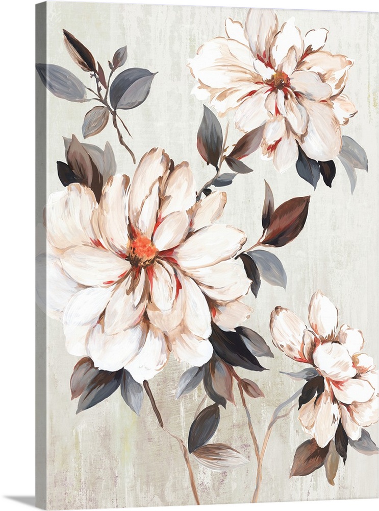 A contemporary painting of large flower blooms on leaf covered stems against a neutral textured backdrop.