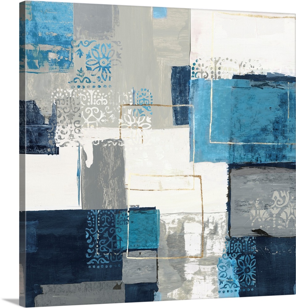 Bohemian abstract painting in a variety of blue and gray tones with metallic accents.