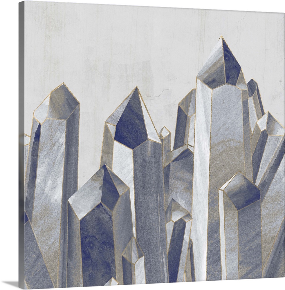 Decorative wall art with long crystal shapes compacted together in shades of blue with metallic gold outlines and shading ...