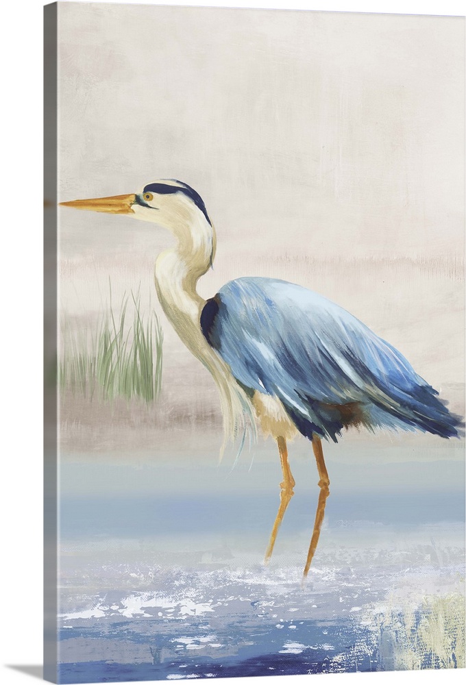 Contemporary artwork of a great blue heron standing in shallow water.