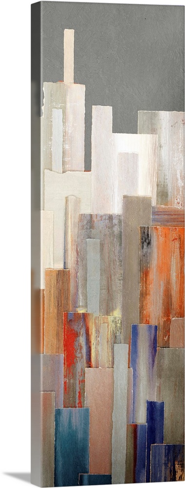 A long vertical contemporary painting of multi colored buildings in a city.