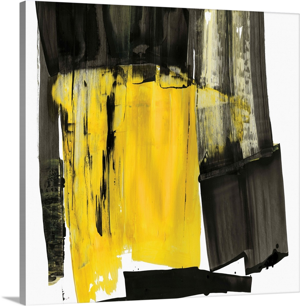 Contemporary abstract artwork in black and grey with a pop of bright yellow.