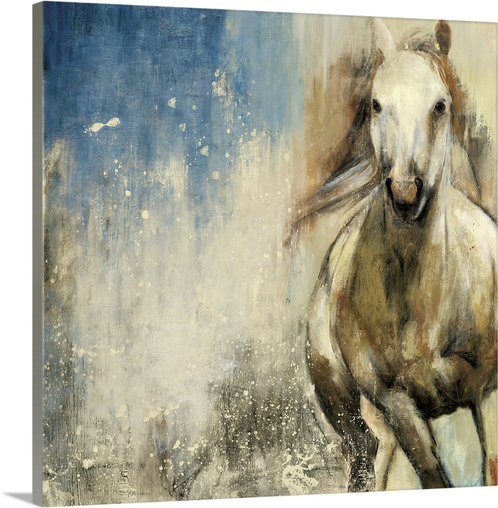 Contemporary home decor artwork of a white horse galloping against an abstract background.