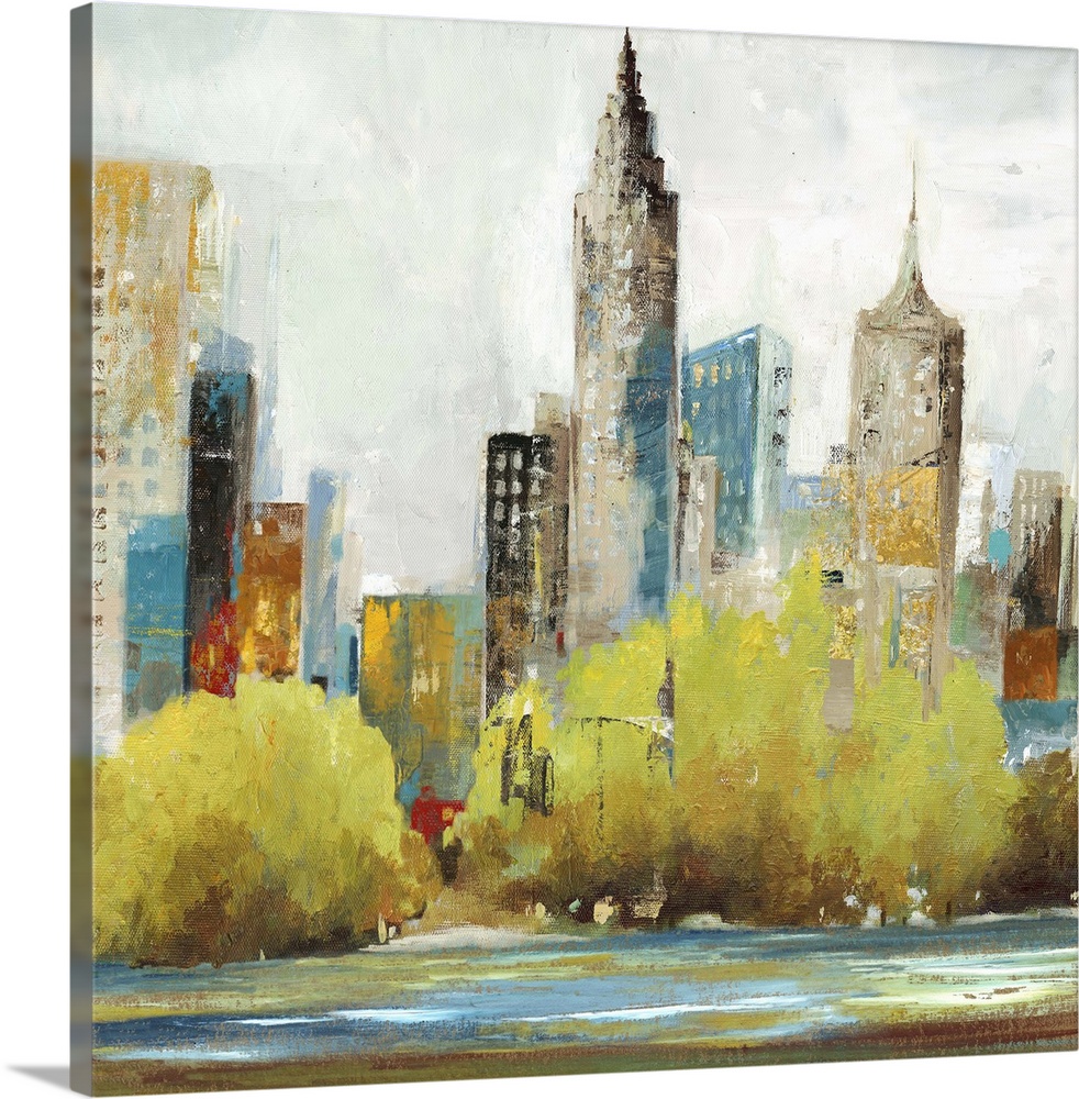 Contemporary home decor artwork of city skyline in muted tones.