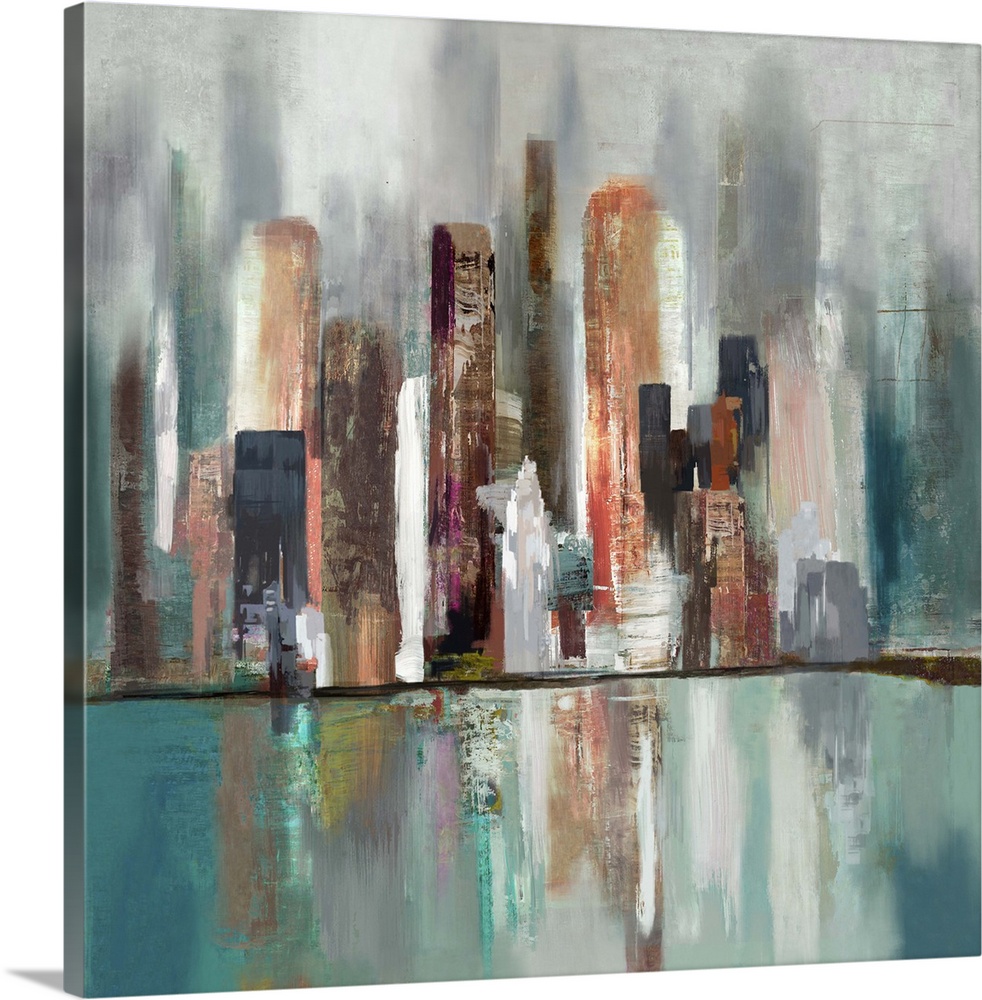 Contemporary home decor art of an abstract skyline of tall architectural structures.