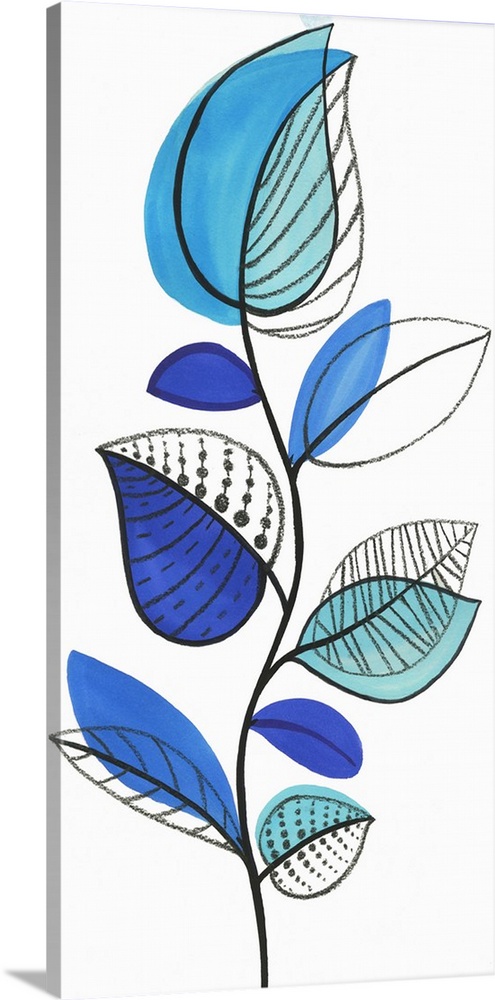 A long vertical artwork of a branch of blue leaves outlined in black done in a modern design.