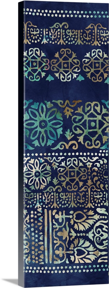 A Bohemian-style abstract painting incorporating floral elements, mandalas, and damask print.