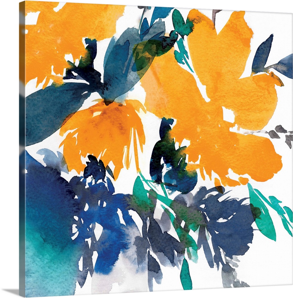 Decorative art with abstract florals in bold orange and blue hues on a white square background.
