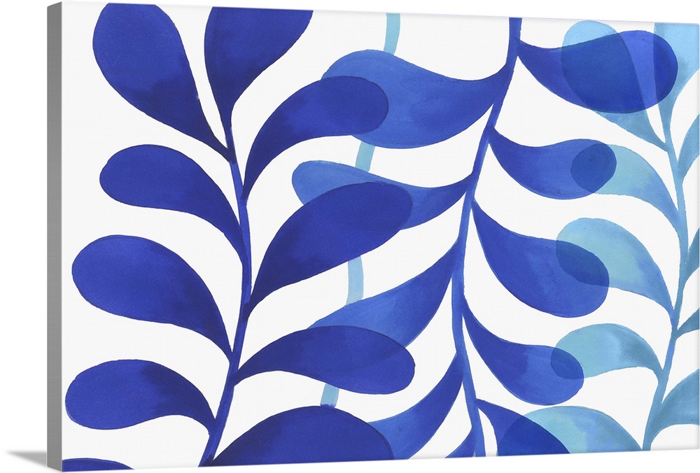 A modern painting of three branches of leaves in different shades of blue on a white backdrop.