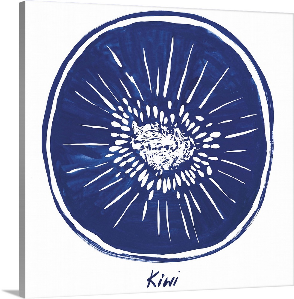 Navy blue ink wash painting of a kiwi half on white.