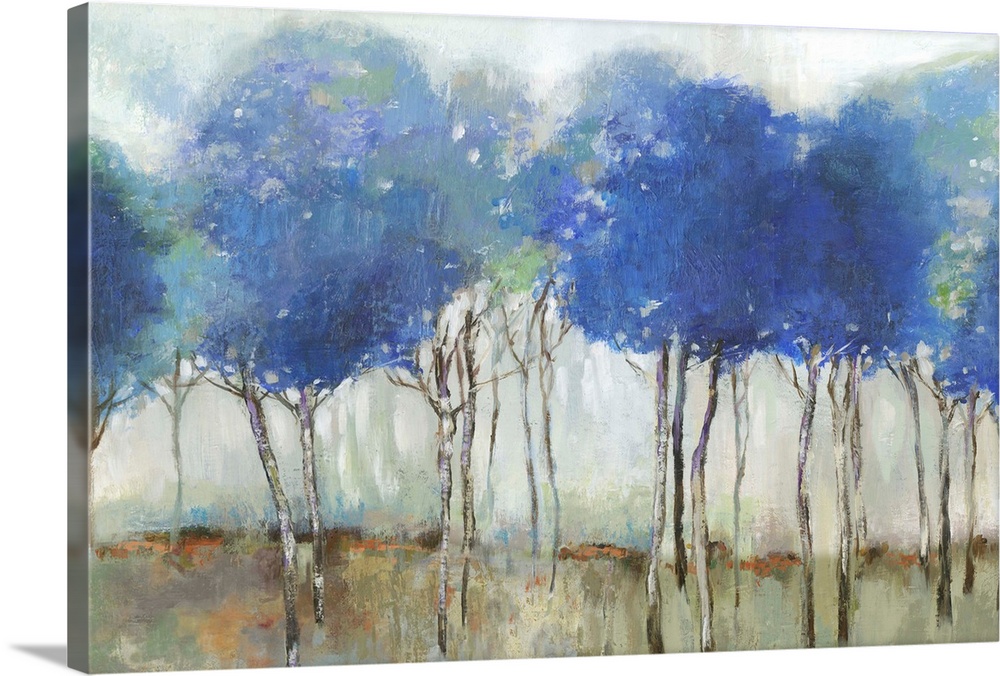 Abstract painting of a forest of brilliant blue trees.