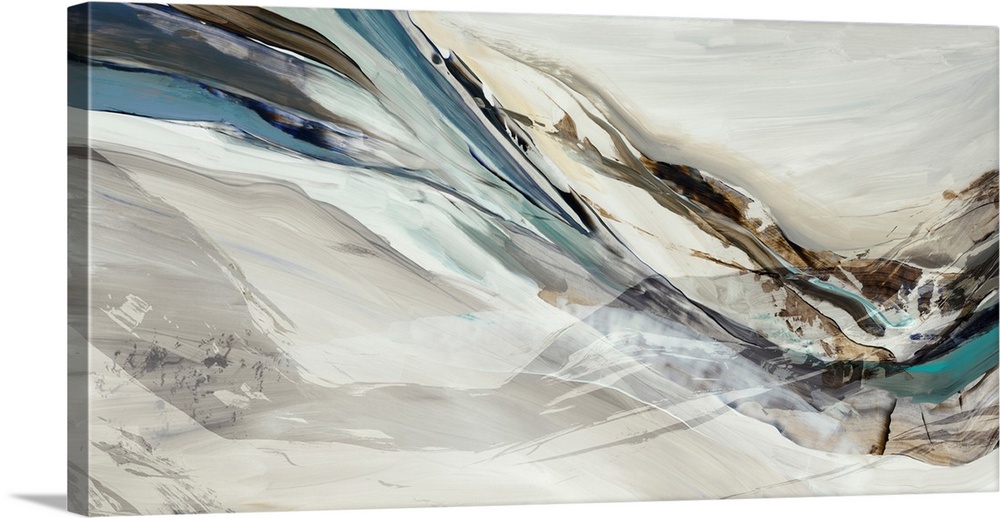 An organic, swirling, contemporary abstract in shades of blues and neutrals, suggestive of rolling hills or crashing waves