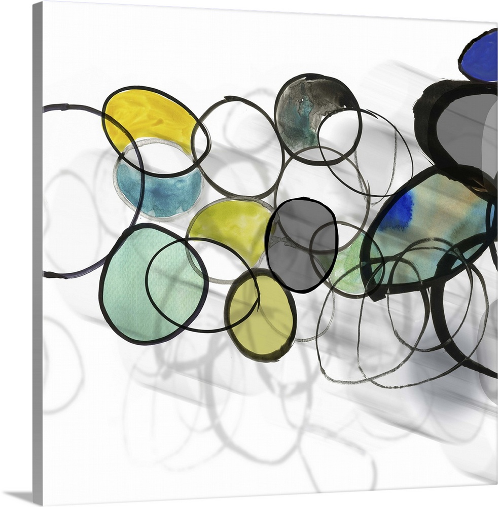 Square painting of circles and rings in multiple colors with a shadow effect beneath.