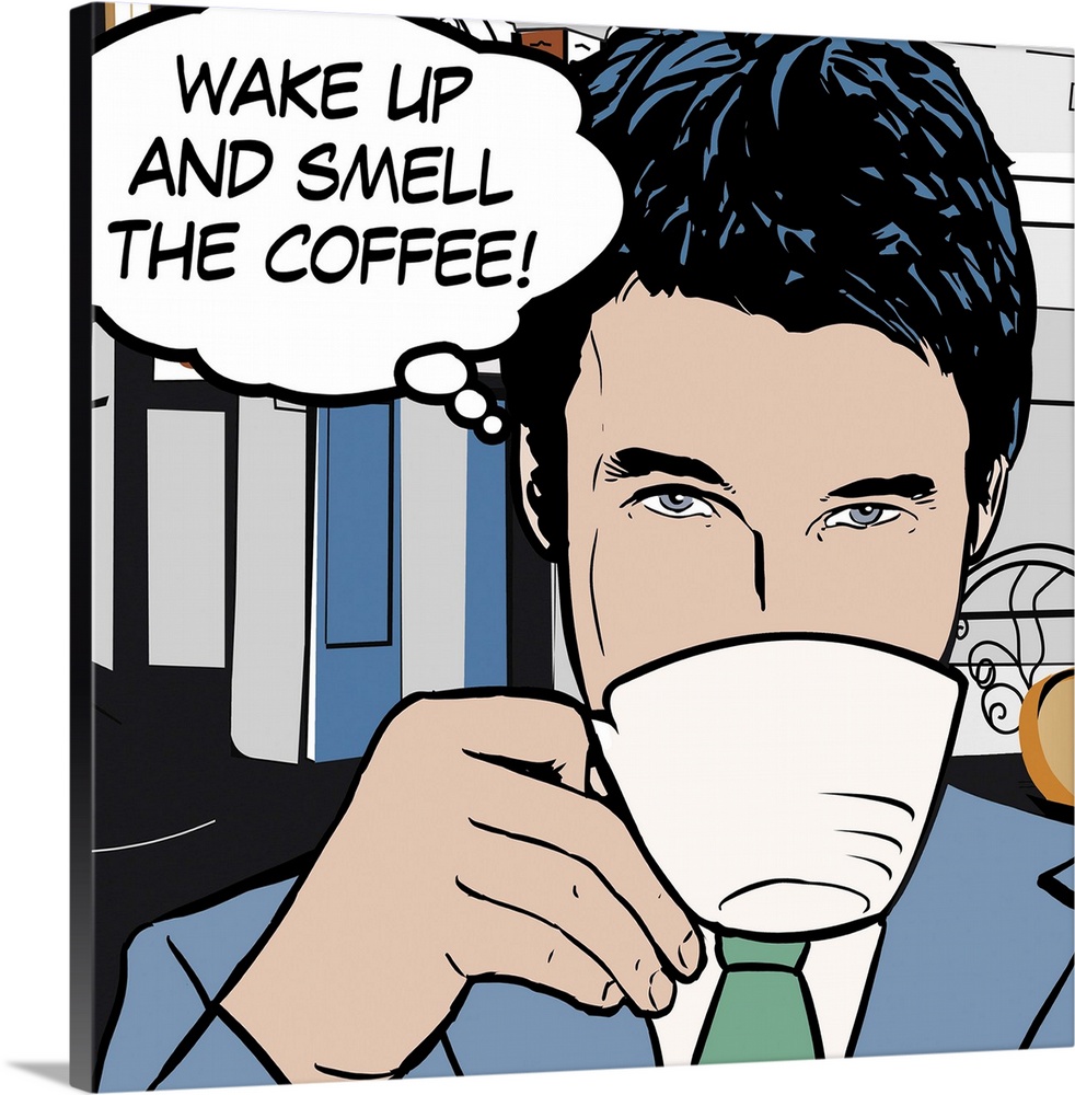 Pop art style decor artwork of a man drinking coffee with a thought bubble coming from his head.