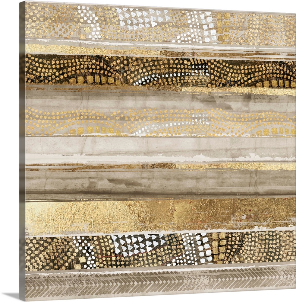 Abstract painting in horizontal layers in golden shades with dotted patterns.