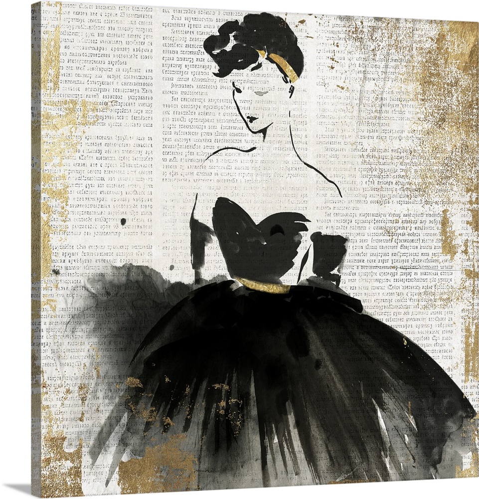 A woman wearing a black evening gown, painted on vintage paper.
