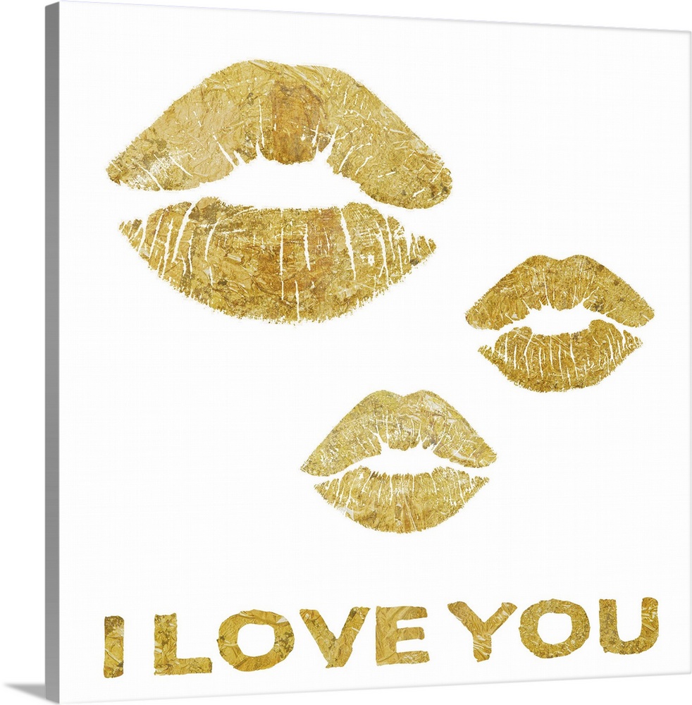 Home decor artwork of gold lettering and lip prints against a white background.