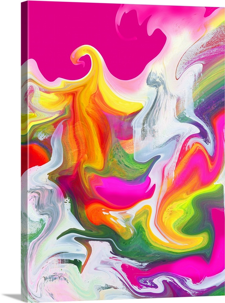 Vertical painting of spiraling shapes in lively pink color.