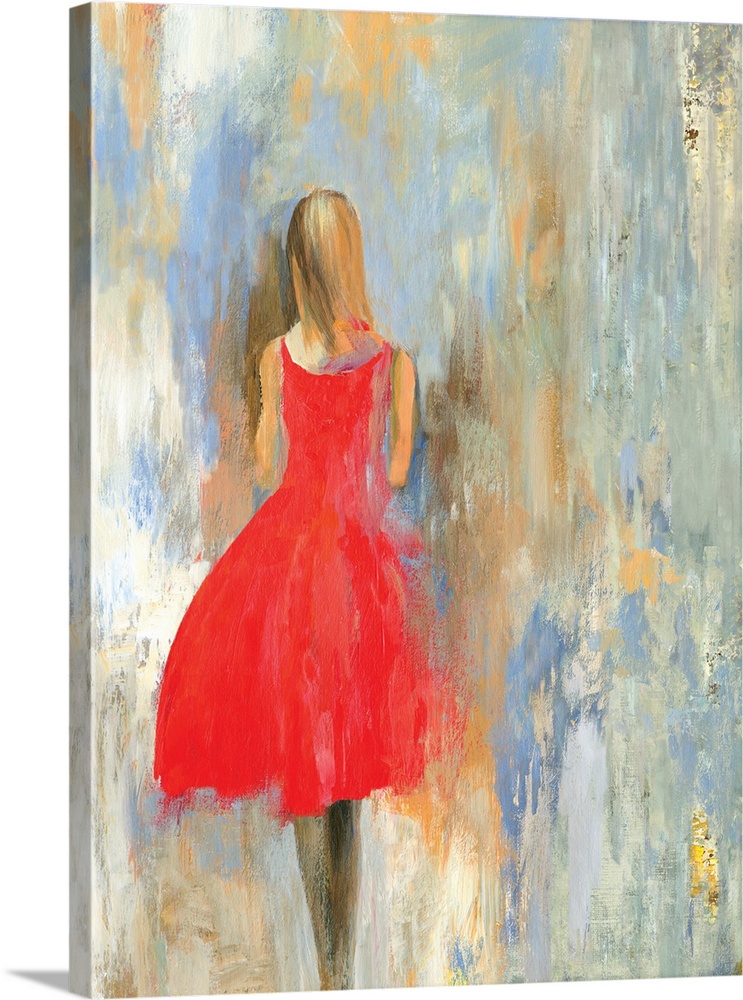 Painting of a female in a red dress, walking away, with a textured backdrop of blue, gray and brown.