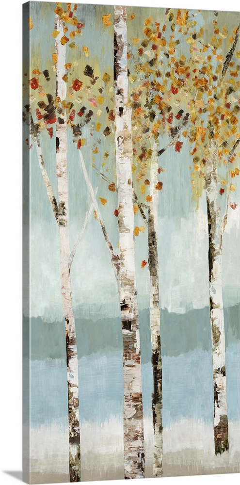 Contemporary artwork of small group of white birch trees.