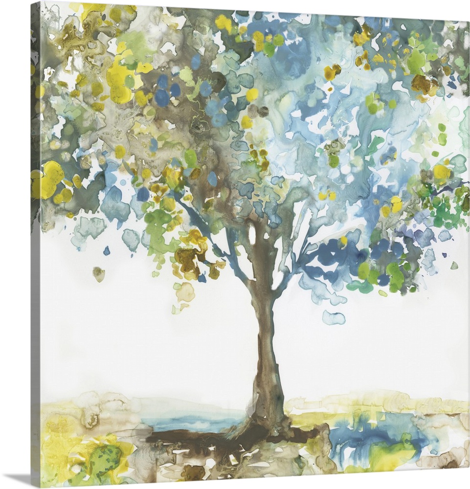 Square painting of a tree made with blotched blue, brown, green, and yellow hues on a white background.
