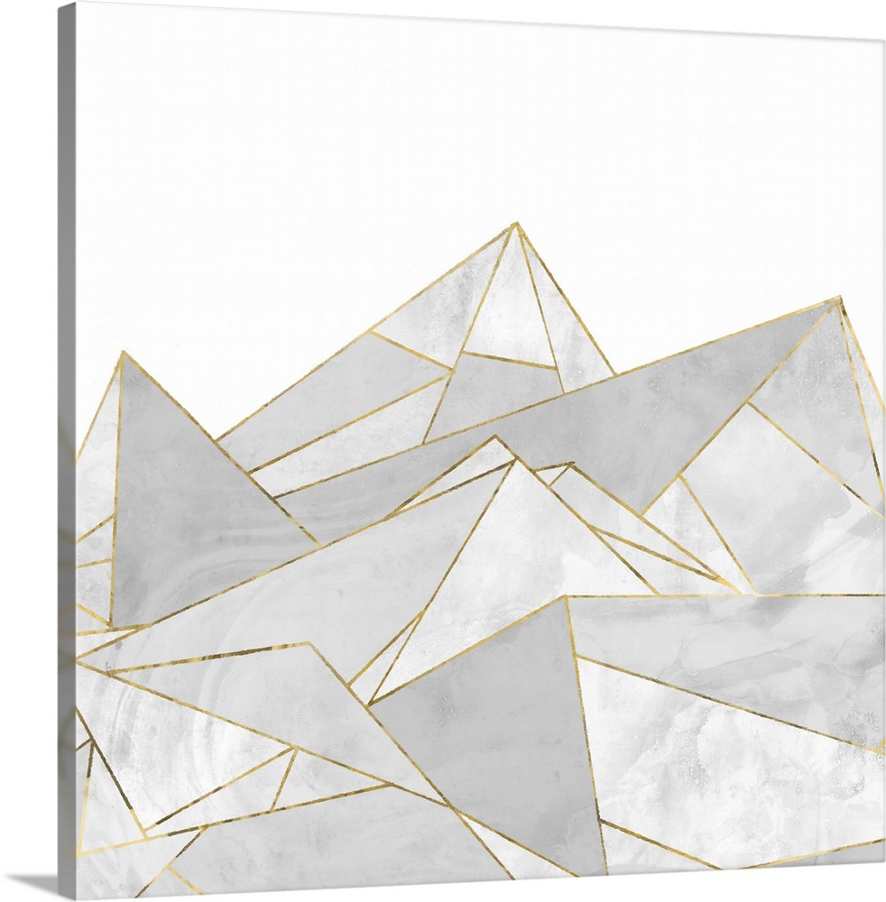 Square painting of gray abstract geometric shapes with gold accents.