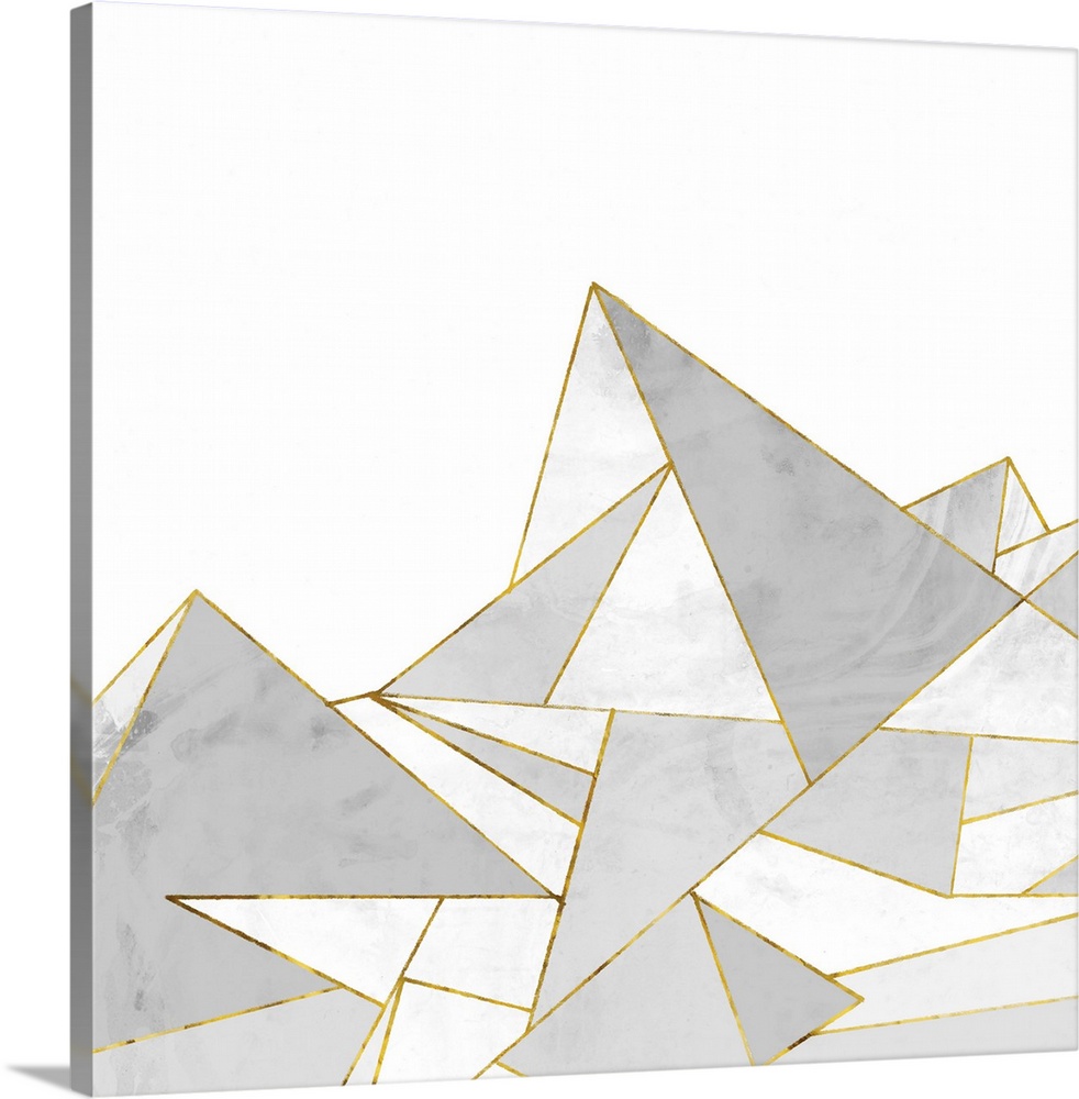 Square painting of gray abstract geometric shapes with gold accents.