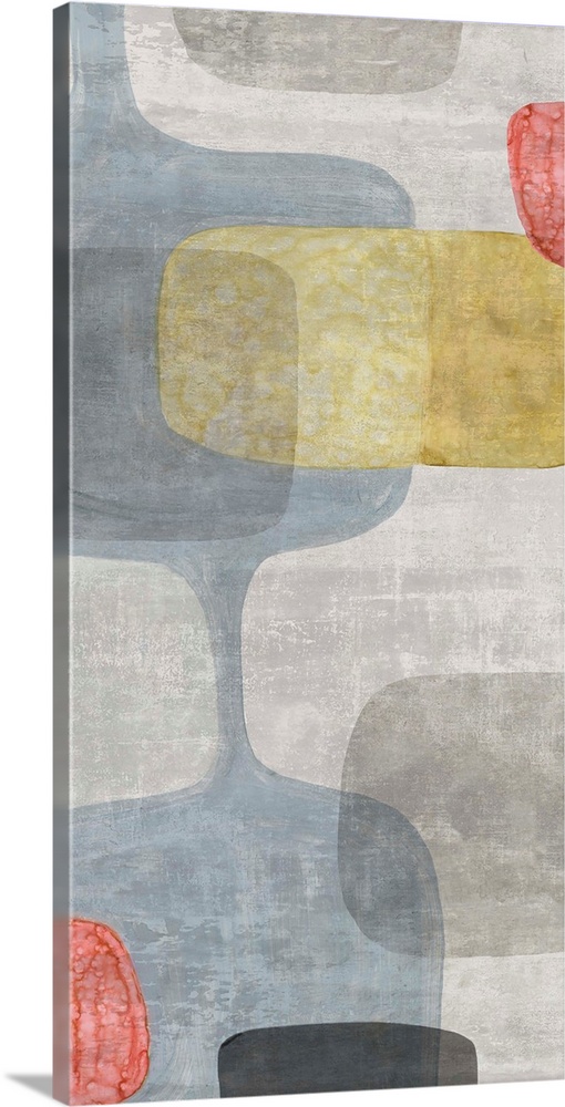 Abstract panel painting with retro design in blue, gray, yellow, and red hues.