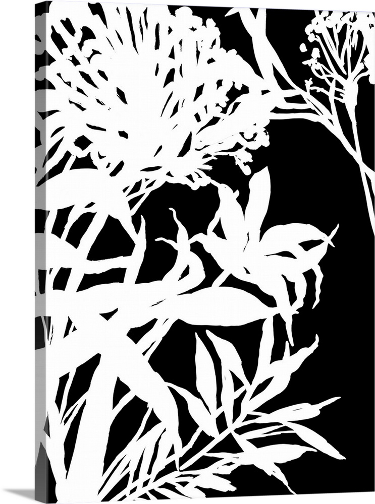Vertical painting of a flower arrangement in black and white.