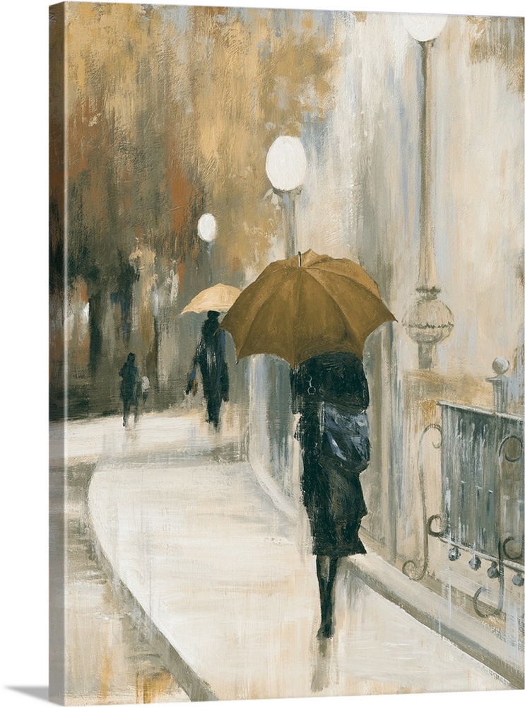 Contemporary artwork of women walking in the city with umbrellas.
