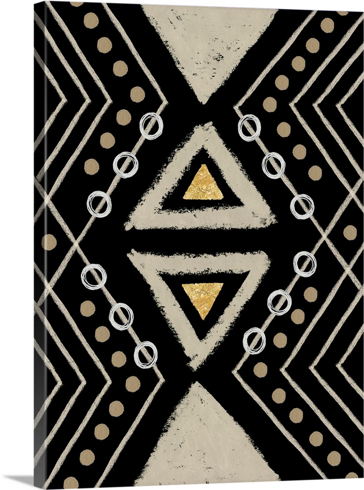 Vertical abstract artwork with tribal-like designs and geometric shapes in brown, black, and gold hues.