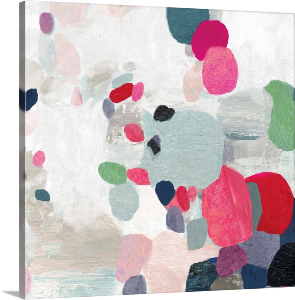 Square painting of varies sized circles in multiple colors on a textured white backdrop.