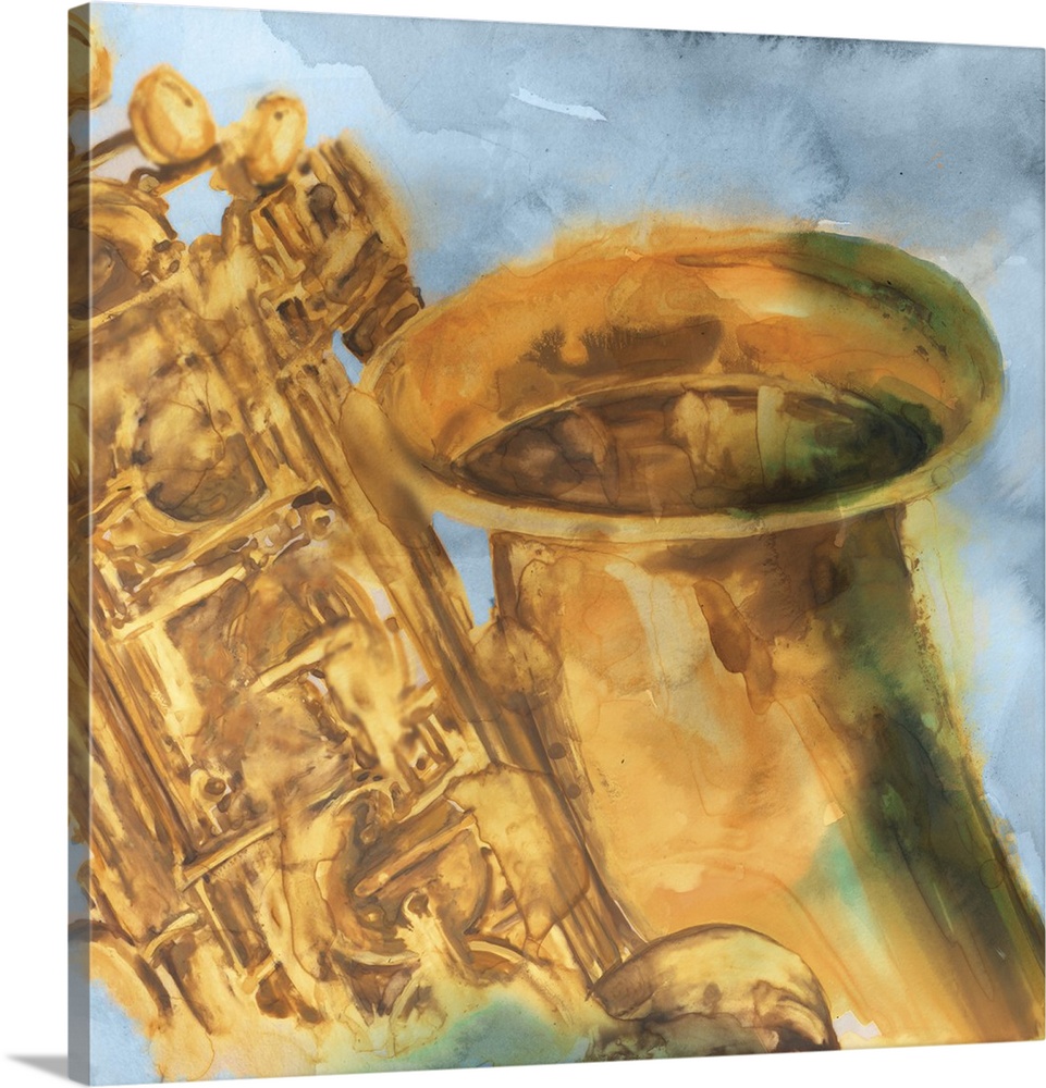 Contemporary watercolor painting of part of a saxophone close-up on a square blue-gray background.