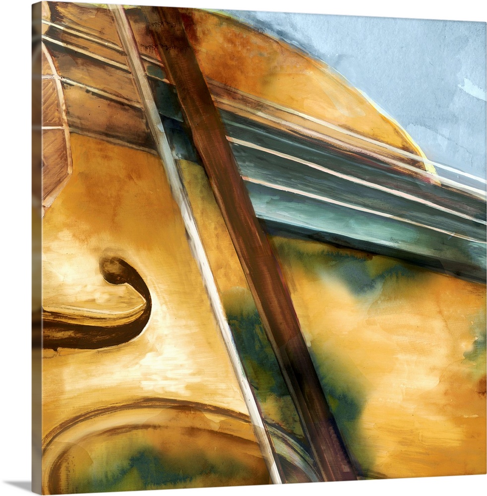 Contemporary watercolor painting of part of a violin and bow close-up on a square blue-gray background.