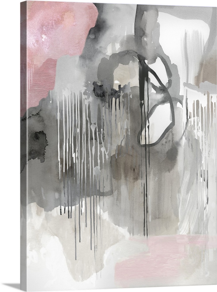 Vertical abstract painting in shades of gray with accents of pink.